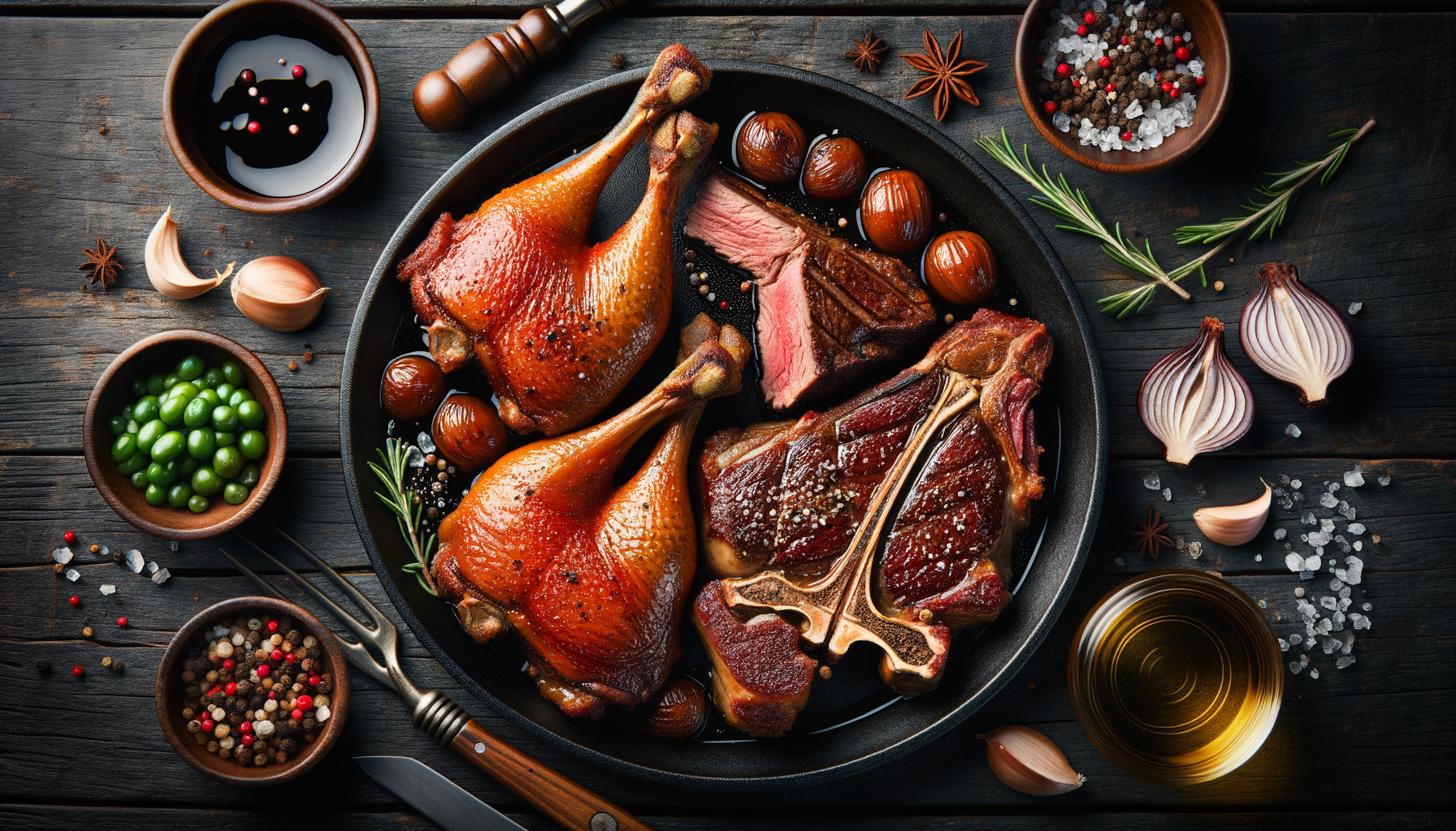 Braised Duck Legs with T-Bone Steak